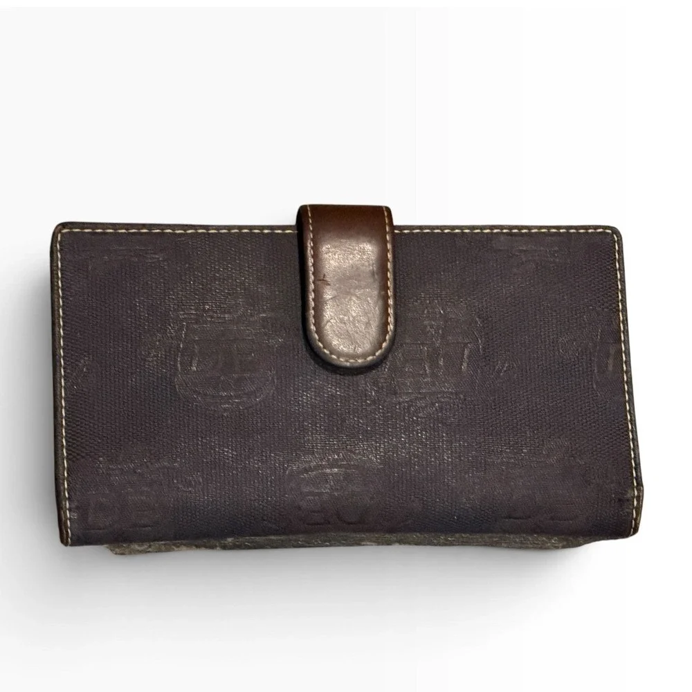 Dooney & Bourke Monogram Jacquard Leather Trim Bifold Long Wallet Brown Vintage